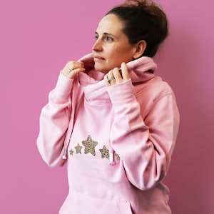 Luxe Cross Neck Pink Hoodie | Snuggly Pink Hoodie | Cowl Neck Chunky Hoodie | Tired Weekend Loungewear | Leopard Print Stars Design