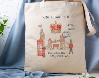 Coronation King Charles Tote Bag | Coronation Day Commemorative Tote Bag with London Watercolour Print | Royal Family London 2023 | Tote Bag