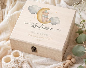 Personalised Wooden Baby Keepsake Box, Watercolour Moon Design