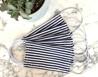 Pack Of Five Striped Navy 100% Cotton Facemask, Reusable face mask, cotton face mask, patterned face mask, washable face mask