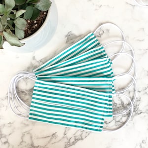 Pack Of Five Striped Turquoise 100% Cotton Facemask, washable face mask, reusable face mask, patterned face mask, face covering