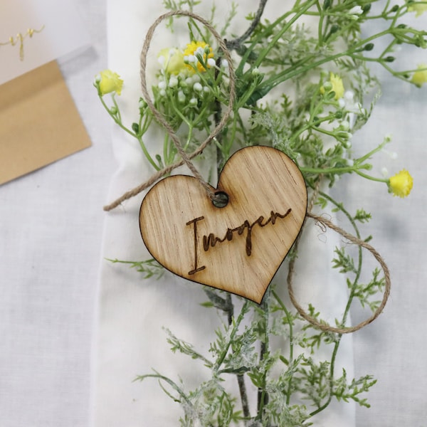 Personalised Wooden Heart Name Setting | Wooden Hearts for Wedding Bridal Shower | Engraved Oak Table Décor | Rustic Wedding Theme Favour