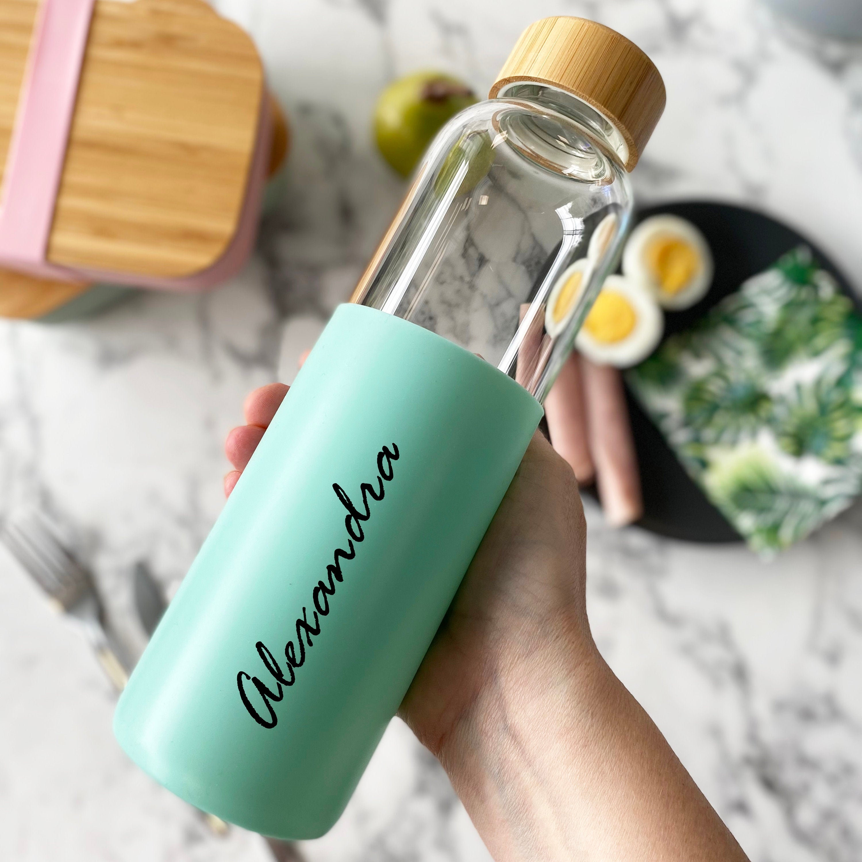 Personalised Glass Water Bottle With Bamboo Lid Bamboo Water Bottle  Personalised Water Bottle Birthday Gift Mother's Day Gift 