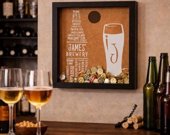 Caja de colección de tapas de cerveza personalizadas / Accesorios de bar para el hogar / Regalo para la cueva del hombre / Colección de tapas de botellas de cerveza / Regalo para el Día del Padre / Tipografía