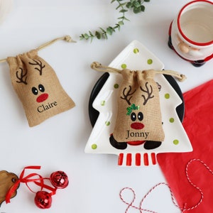 Personalised Christmas Place Settings Reindeer Jute  | Mini Jute Bags with Quirky Reindeer Face and Custom Name | Christmas Dinner Décor