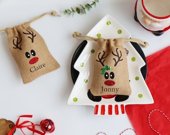 Couverts de Noël personnalisés Renne Jute | Mini sacs en jute avec visage de renne original et nom personnalisé | Décor de dîner de Noël
