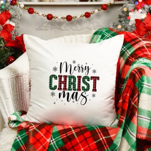 Tartan Merry Christmas Cushion | Modern Festive Merry Christmas Linen Cushion Cover | Christmas Decorations Sofa Cushion | Christmas Nights