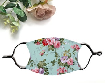 Floral Print Adult Face Mask With Filters, Printed Face Mask, Floral Face Mask, Flower Print Face Mask, adjustable face mask