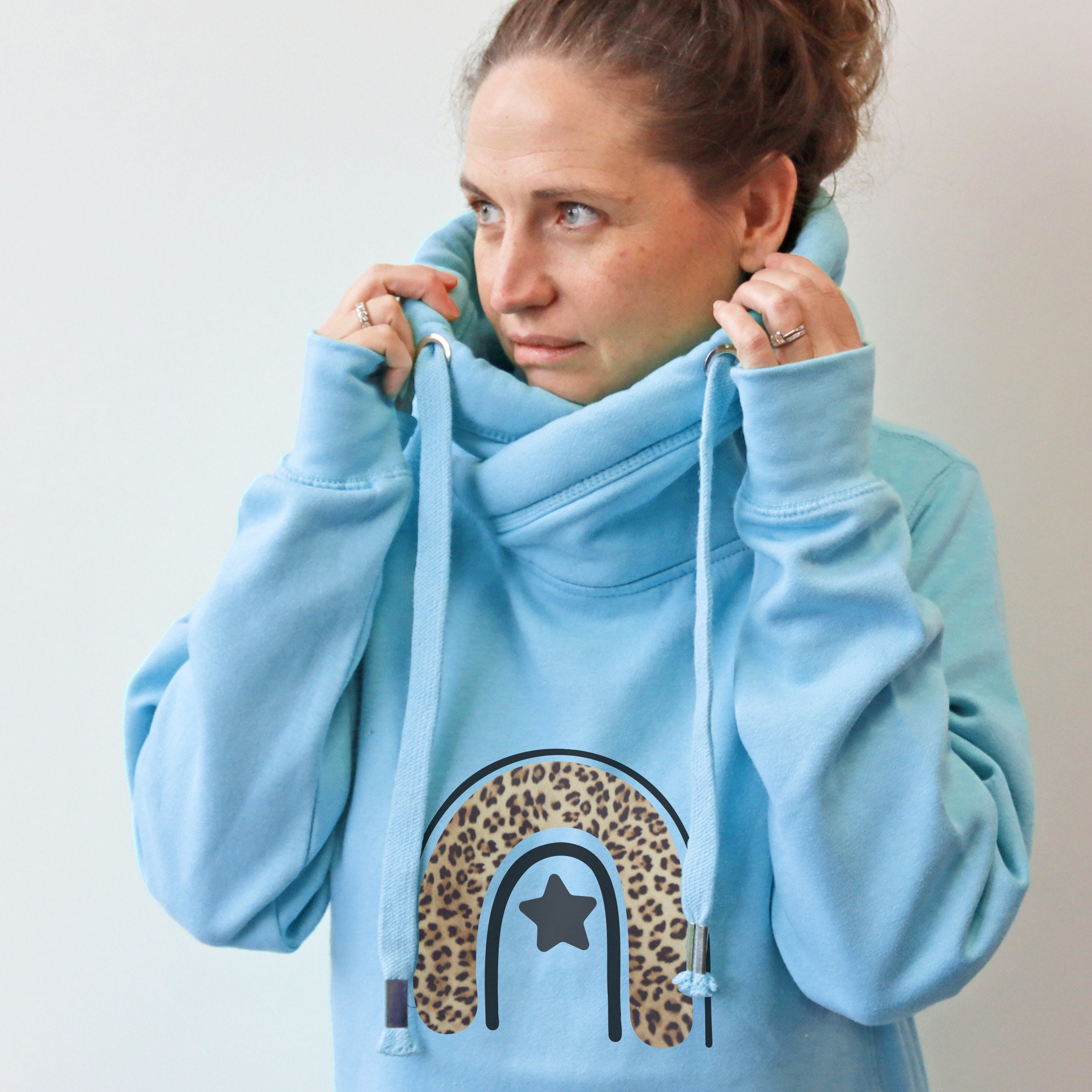 Cowl Neck Luxe Baby Blue Hoodie | Snuggly Blue Hoodie | Cowl Neck Chunky Hoodie | Tired Weekend Loungewear Hoodie | Leopard Print Design