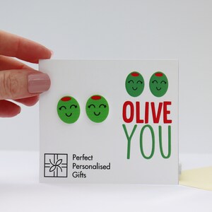 Olive You Stud Earrings | I Love You Olive Stud Earrings | Quirky Food Pun Earrings | Valentine's Gift | Bright Coloured Food Earring Set
