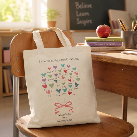Personalised Teacher Tote Bag Gift | Personalised Teacher Gift | Classroom Teacher Gift | Hearts Design Tote Bag | Gifts for Teacher