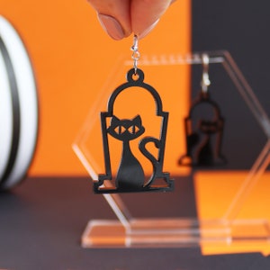 Black Cat Halloween Tombstone Earrings | Halloween Dangly Earrings | Recycled Acrylic Tombstone Jewellery | Handmade Spooky Jewellery | 2024