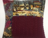 Burgundy Cushion, Needlepoint Cushion, Recycled Sweater Cushion, Patchwork Cushion, Corduroy Shirt Cushion, Upcycled Cushion, Sugar Cabin