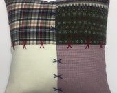 Red Cushion, Green Cushion, Needlepoint Cushion, Recycled Sweater Cushion, Patchwork Cushion, Flannel Shirt Cushion, Upcycled Cushion