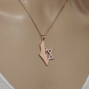 Collana Israele, Mappa di Israele con pendente Stella di David, Collana in oro rosa Magen David, Pave con CZ, Gioielli ebraici