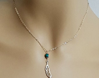 Feather Necklace-Silver Feather Turquoise Pendant, sterling silver feather,  dainty Small charm bohemian rustic Delicate jewelry