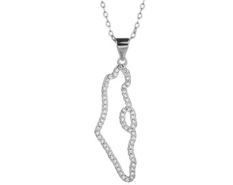 Karta över Israel halsband, Heligt land Israel smycken i sterlingsilver, Geografihänge, Judaica, Karta över Israel med CZ
