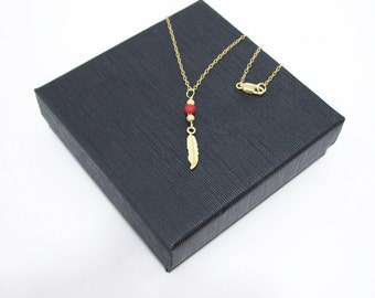 Tiny Feather Necklace, Gold Leaf charm, Dainty Necklace,  Coral Bead Single Feather ,Tiny Feather Pendant Necklace, Christmas Gift