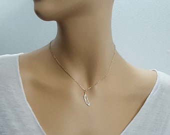 Single Feather Charm Necklace, Tiny Single Feather, Layered Necklace, Layered Necklace, Sterling Silver Pendant, Little leaf