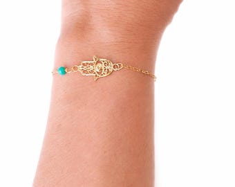 Hamsa Bracelet for Women, Dainty  Gold Filled Hamsa Pendant Bracelet, Protection Jewelry, Turquoise Evil Eye Hamsa Charm, Boho Gift for Her
