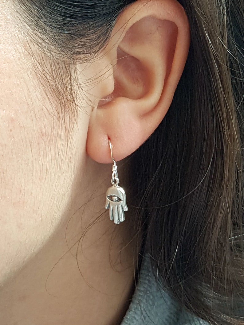 Vintage Style Tiny Evil Eye Fatima Hand Jewelry Dainty Earrings Sterling Silver Luck Jewish Judaica Jewellery Hamsa Earrings Gift