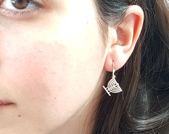 Menorah Earrings, Sterling Silver Menorah Charm Pendant, Jewish Menorah Jewelry, 9 Nine Branch, Jerusalem Holy Temple, Gift for Her