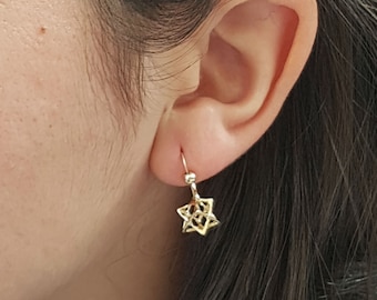 Merkaba Earrings, Gold 3D Magen David Jewelry,  kabbalah jewelry, Small Tiny Jewish Star of David, Dangle  Star Earrings