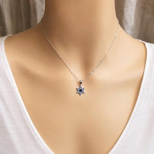 Sterling Silver Star of David Necklace, Blue CZ Magen David Pendant, Jewish Necklace for Women, Tiny Shield of David Gift