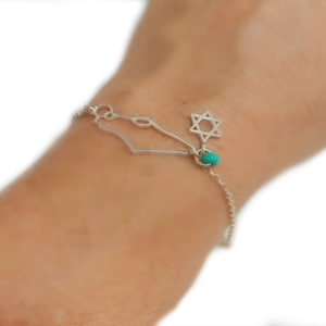 Bracelet étoile de David carte d'Israël, pendentif Magen David carte d'Israël, bijoux carte d'Israël en argent, breloque perle turquoise, support avec Israël