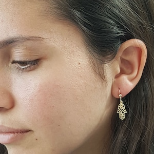 Hamsa Earrings, Hamsa Hand Jewelry, Gold filled Traditional Hamsa Symbol, Evil Eye Dangle Earrings