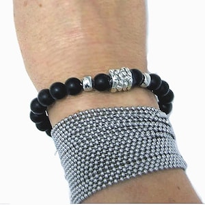 Kralenarmband voor vrouwen, zilveren bedelkraal, zwarte onyx kralen wikkelarmband, boho zilver wrap, onyx polssieraden, cadeau voor haar