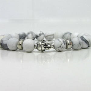 Pulsera de Buda blanco Cabeza de Buda Malla Cuff, Plata Blanco Jade Buda Joyería Pulsera de Yoga, Sanador y Pulseras Espirituales Regalo de Hijo