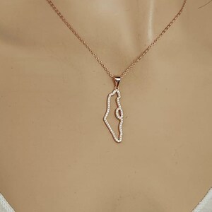 Karte von Israel, Halskette, Rosegold Umriss Israel Schmuck, Karte von Israel mit CZ-Zirkonia-Anhänger, Stand mit Israel, nie wieder