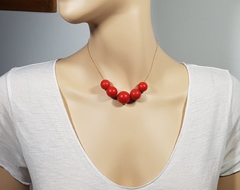 Big Red Choker Necklace, Bar Big Beads Pendant, Large Beaded Pendant Bib Necklace, Wood Beads, Birthstone, Women