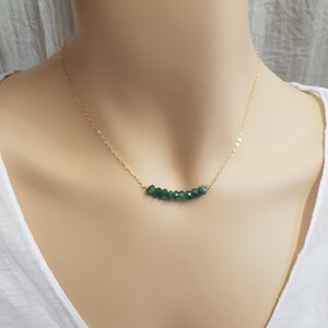 Beaded Gemstone Necklace, Bar Gold Chain, Tiny Green Agate Gemstone Bead Pendant, Genuine Small Gem, Birthstone Natural Jewelry