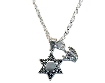 Star of David Necklace, Hebrew Charm, Single Letter, Magen David Pendant, Black Zirconia Gemstone,  Shield of David Pendant, Jewish Star