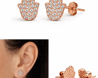 Hamsa Stud Earrings, Tiny Hand Post Earring, Rose Gold Evil Eye, Hand of Fatima, Zirconia stones paved, Cz Protection Jewelry, Gift for Her