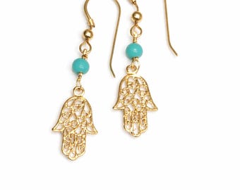 Gold Hamsa Earrings – Turquoise Hamsa Jewelry, Dainty Protection Dangle Earrings, Spiritual Turquoise Hamsa Jewelry,  Delicate, Gift for Her