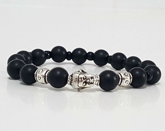 Buddha Bracelet, Beaded Cuff, Sterling Silver Black 8 mm Onyx Matte Beads Natural stone Buddha Head Charm, Yoga Bracelet, Spiritual Jewelry
