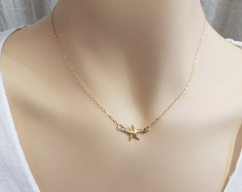 Tiny Gold Starfish Necklace, delicate dainty Jewelry, Small Starfish Charm, Choker Necklace, beach Sea Star Pendant