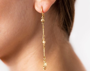 Gold Sun Charm Lange Ohrringe, Zierliche Minimal Boho Schmuck