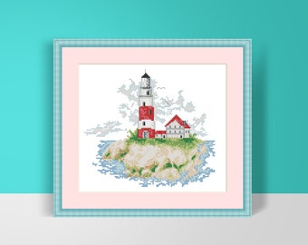 Lighthouse cross stitch pattern PDF, sea landscape, printable modern pattern, instant download