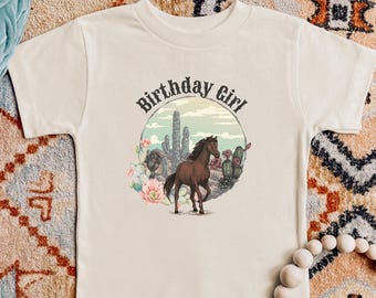 Camiseta de cumpleaños para niños pequeños con diseño de caballo del oeste, camiseta con gráfico vintage de vaquera, camiseta de fiesta de caballos del oeste de rodeo para niños, camiseta infantil con temática de poni