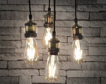 Vintage Quad E27 Pendant Cord Light Set  Industrial Lighting Antique Brass