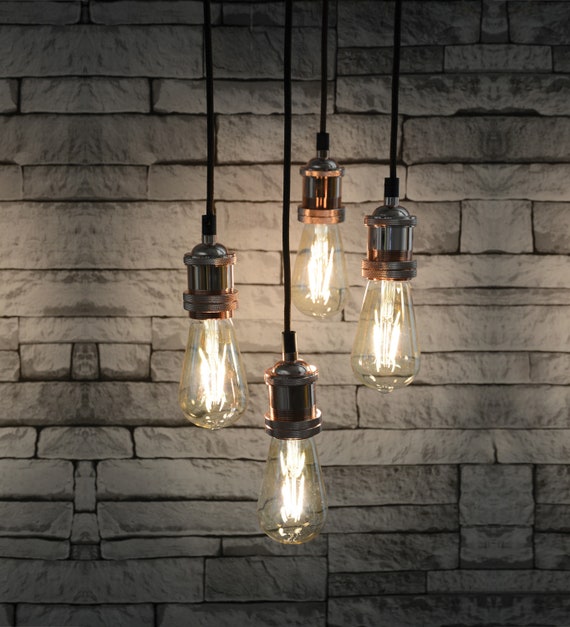 Vintage Quad E27 Pendant Cord Light Set Industrial Lighting Bright Copper