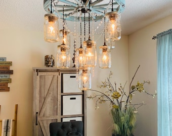 Blue Wagon Wheel Chandelier with Mason Jar Lights