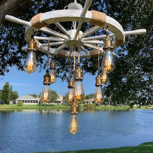 Nautical Wheel Chandelier with Rope Lights