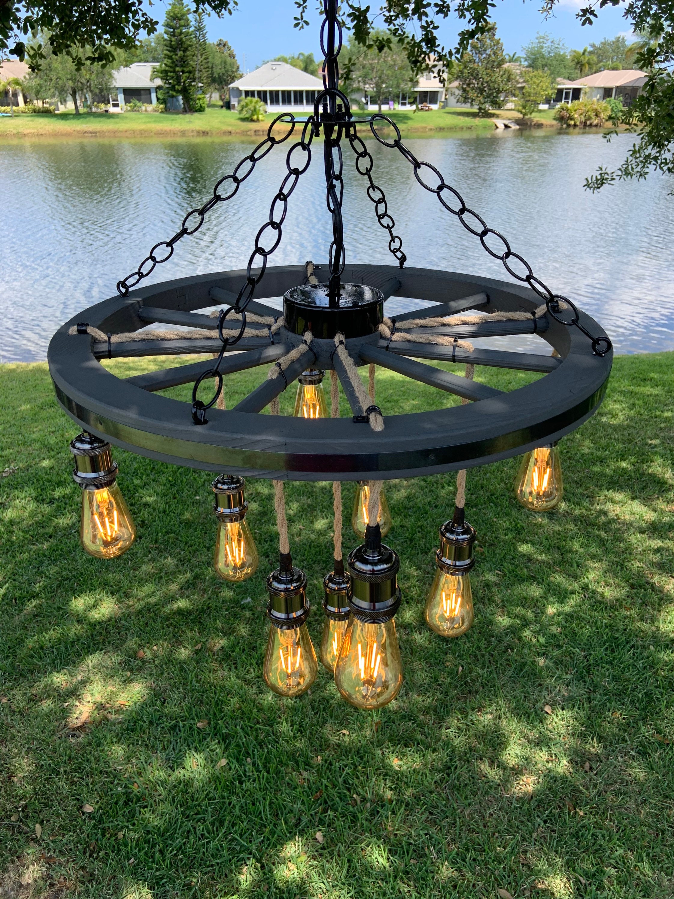 Lámpara de araña de rueda de carro gris con luces de cuerda | Etsy