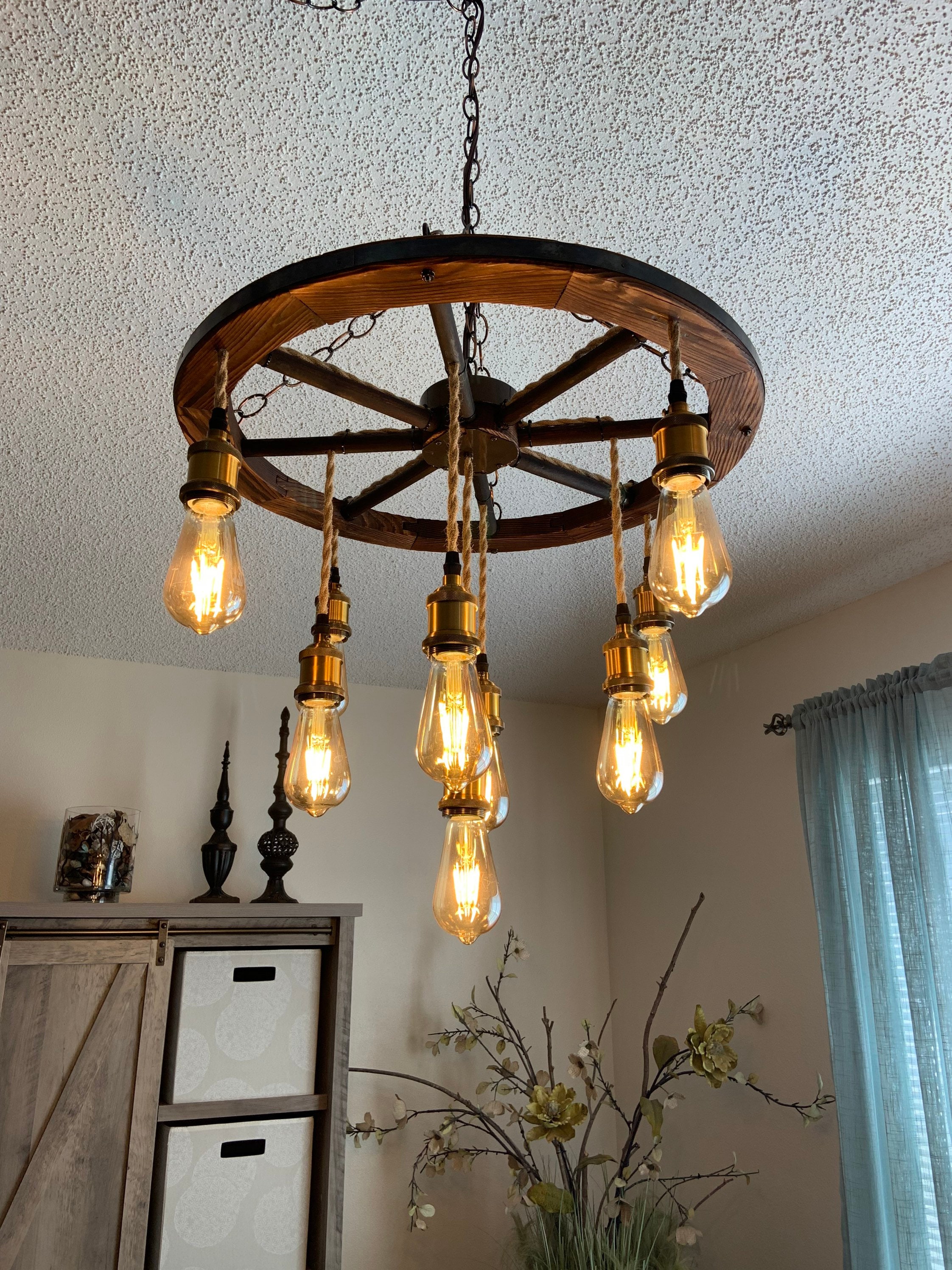 Wagon Wheel Chandelier with 3 tiers of Vintage Rope Lights