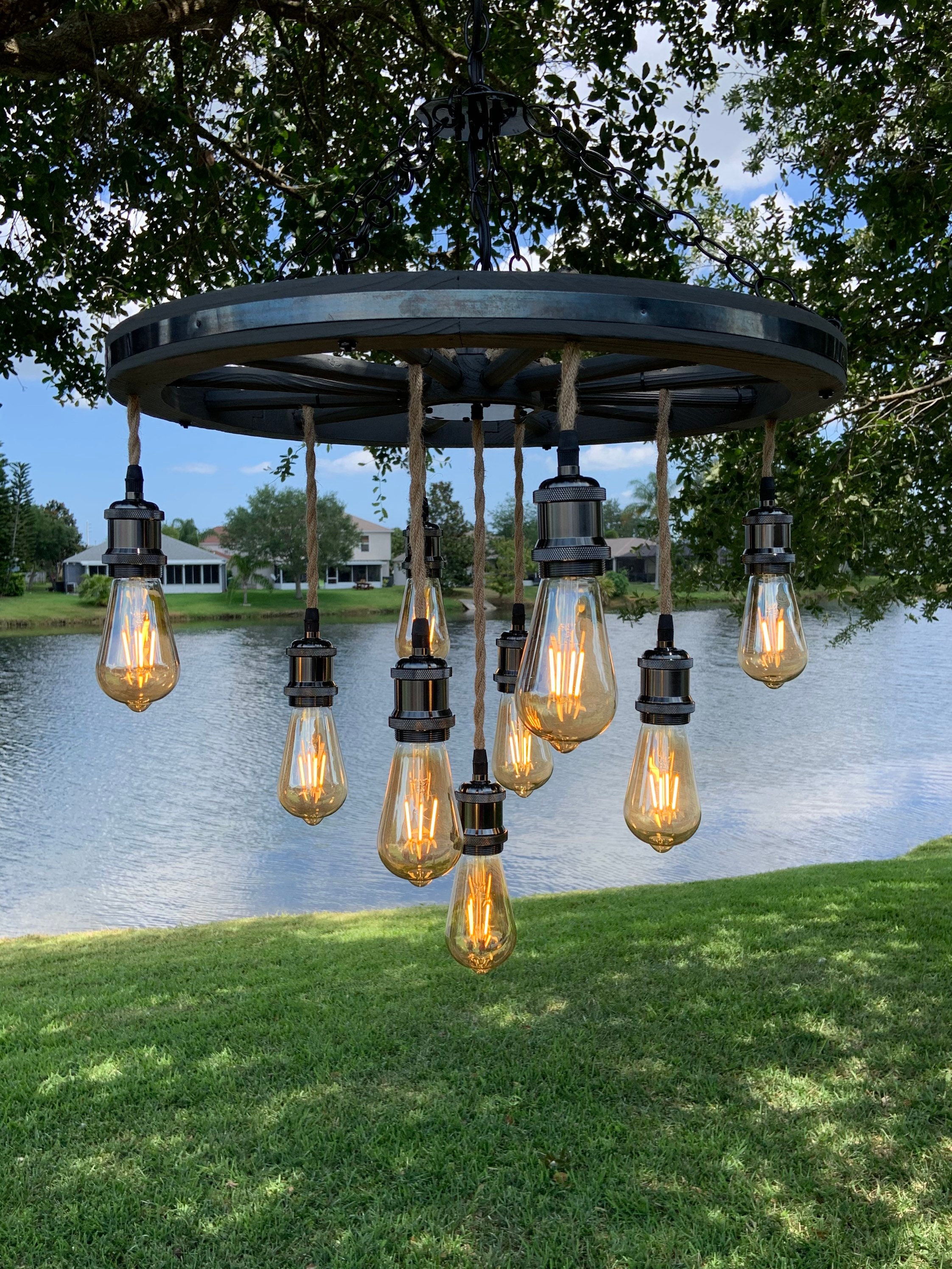 Lámpara de araña de rueda de carro gris con luces de cuerda | Etsy